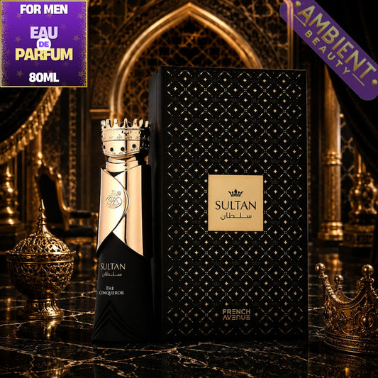 Sultan perfume bottle and packaging on a decorative background with 'Ambient Beauty' branding.