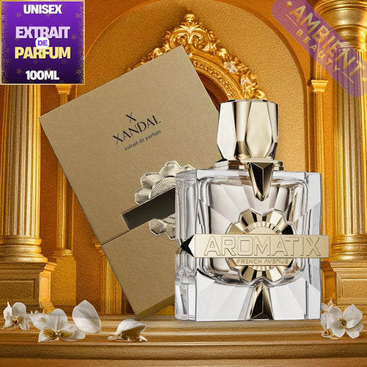 Aromatix perfume bottle with Xandal packaging on a decorative background