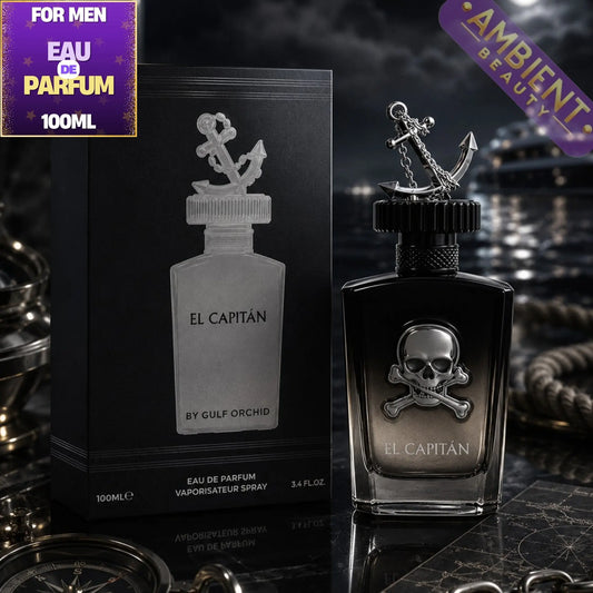 Gulf Orchid El Capitan Perfume bottle with skull and crossbones design and anchor on a white background
