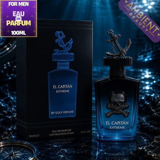 El Capitan Extreme perfume bottle and packaging on a dark, textured background with 'Ambient Beauty' branding.