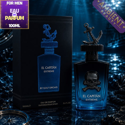 El Capitan Extreme perfume bottle and packaging on a dark, textured background with 'Ambient Beauty' branding.