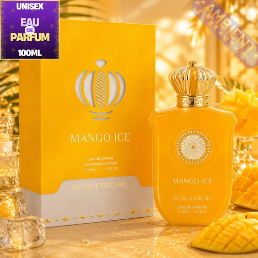 Mango Ice perfume bottle and packaging with decorative elements on a blurred background