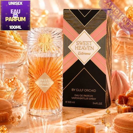 Gulf Orchid Sweet Heaven Extreme perfume bottle and packaging with caramel and macaron decorations.