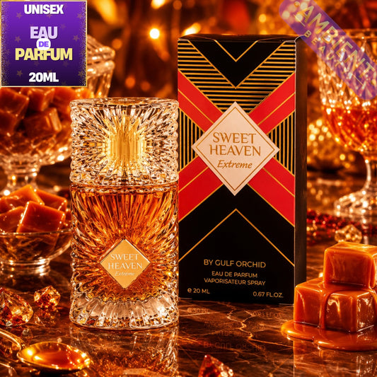 Sweet Heaven Extreme perfume bottle and packaging with caramel candies on a reflective surface
