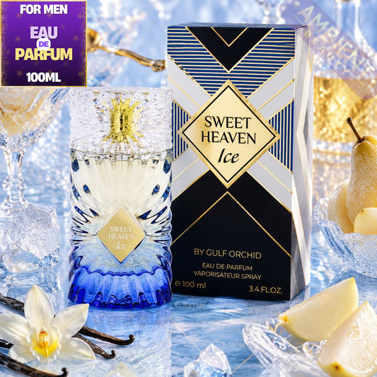 Sweet Heaven Ice perfume bottle and packaging on a decorative background with vanilla beans and flowers.