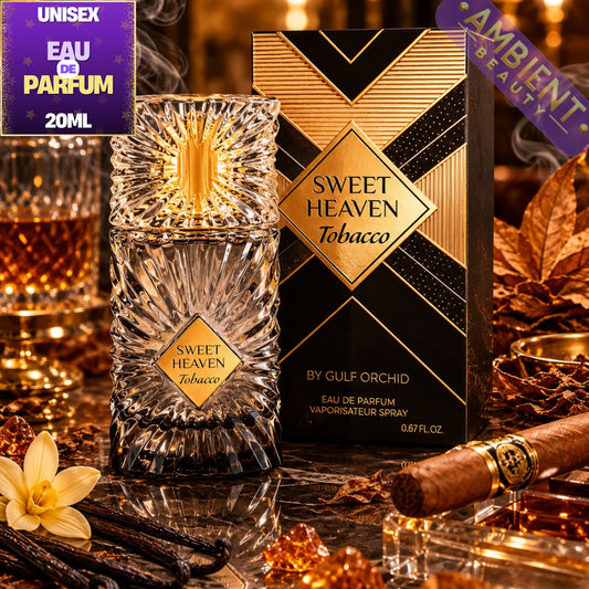 Sweet Heaven Tobacco perfume bottle and packaging with cigars and flowers on a reflective surface.