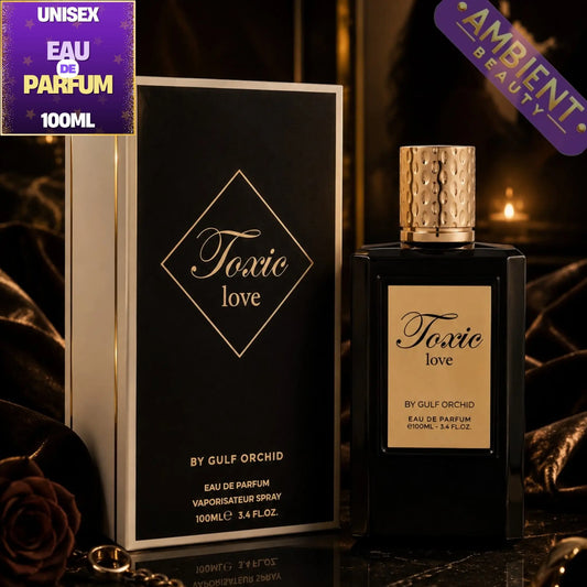 Perfume bottle and packaging of 'Toxic Love' by Gulf Orchid with 'Ambient Beauty' branding.