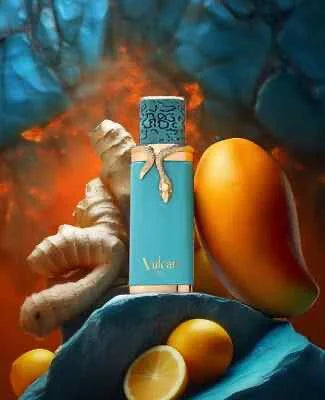 Vulcan perfume bottle with tropical fruits and seashells on a colorful background
