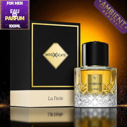 Intoxicate La Fede perfume bottle and packaging on a reflective surface with 'Ambient Beauty' watermark