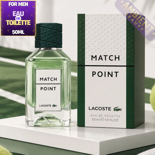 Lacoste Match Point perfume bottle and packaging on a white surface with sports ball in the background