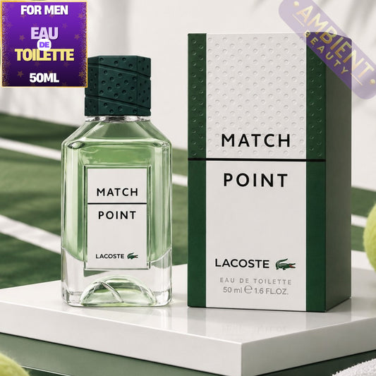Lacoste Match Point perfume bottle and packaging on a white surface with sports ball in the background