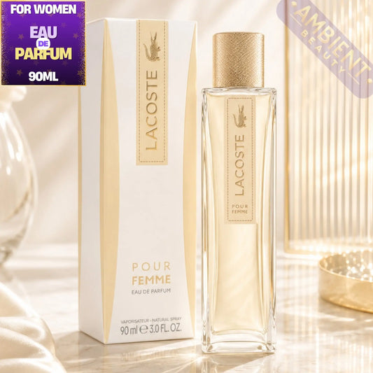 Lacoste Pour Femme eau de parfum bottle and packaging on a soft background