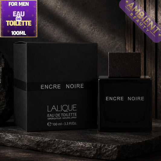 Lalique Encre Noire perfume bottle and packaging on a dark background