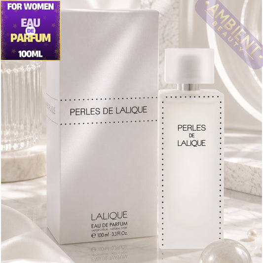 Perles de Lalique perfume bottle and packaging on a white background