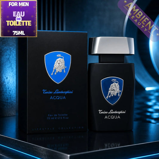 Tonino Lamborghini Acqua perfume bottle and packaging on a dark background