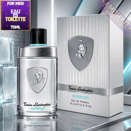 Tonino Lamborghini Essenza men's perfume bottle and packaging on a reflective surface.