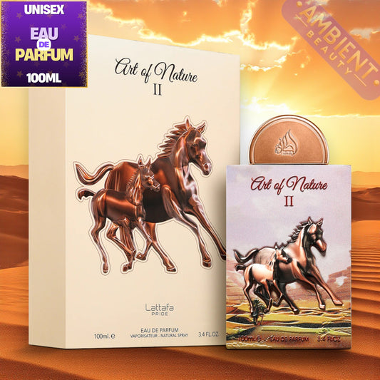 Lattafa Art of Nature II perfume packaging with horses on a desert background