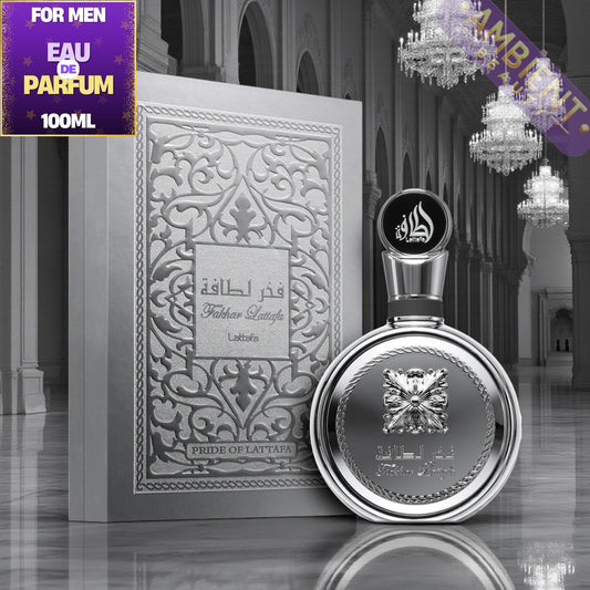 Lattafa Fakhar Platin Fragrance bottle and packaging with Fakhar Platin branding in a decorative setting
