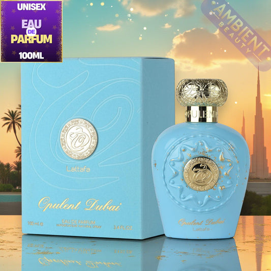 Lattafa Opulent Dubai Blue perfume bottle and packaging with 'Opulent Dubai' branding against a scenic background.