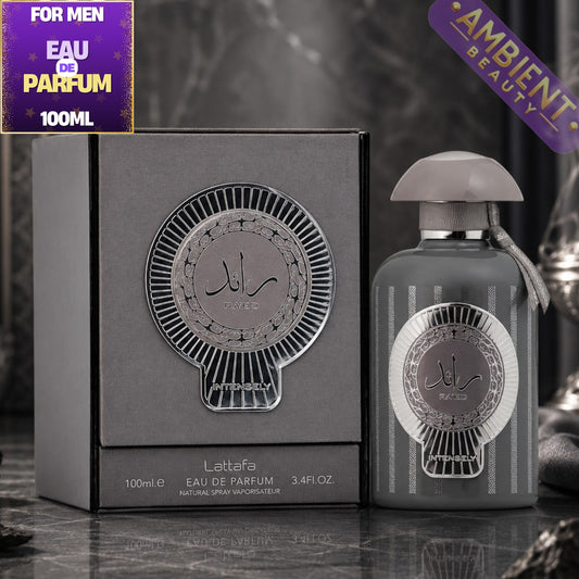 Lattefa Raed Intensely Eau de Parfum bottle and packaging on a dark background