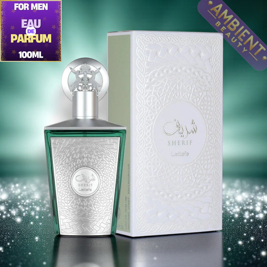 Lattafa Sherif Perfume bottle and packaging on a gradient background