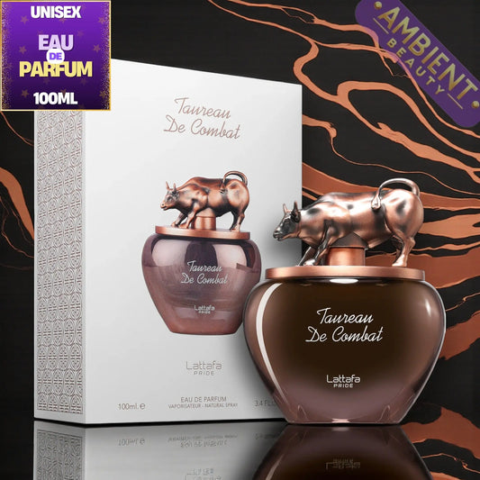 Lattafa Taureau De Combat perfume bottle with packaging and branding on a dark background
