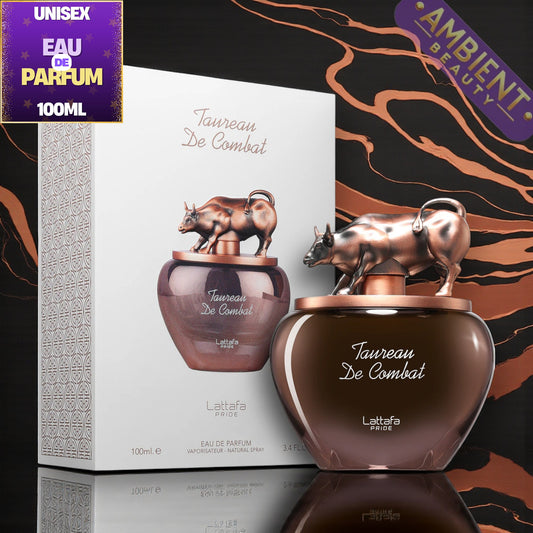 Lattafa Taureau De Combat perfume bottle with packaging and branding on a dark background