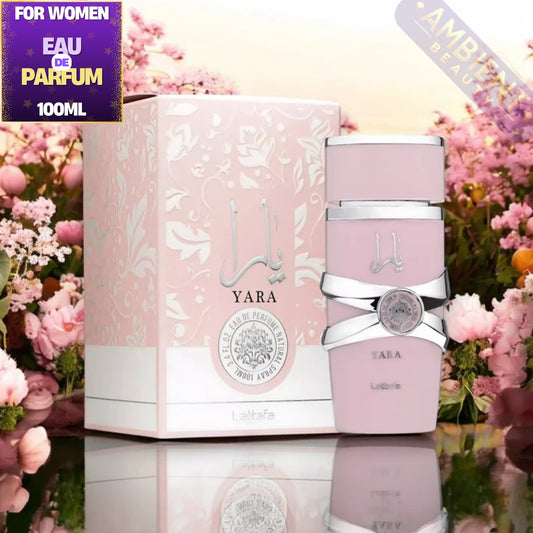 Yara perfume bottle and packaging with floral background