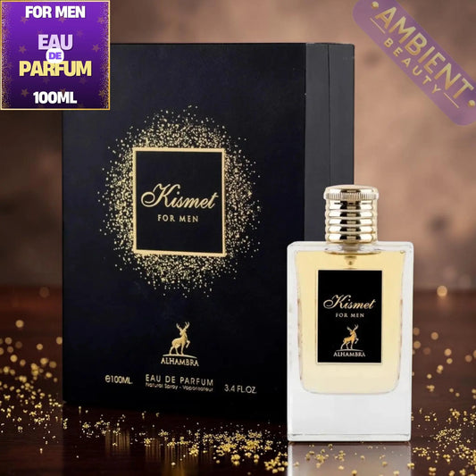Kismet for men perfume bottle and packaging on a reflective surface with 'Ambient Beauty' branding.