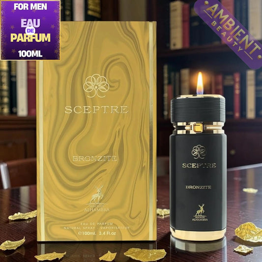 Sceptre Bronzite eau de parfum packaging and bottle on a wooden surface with 'Ambient Beauty' branding.