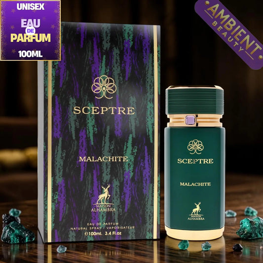 Sceptre Malachite perfume bottle and packaging on a wooden surface with 'Ambient Beauty' branding.