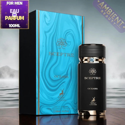 Sceptre Oceana perfume bottle and packaging on a reflective surface with a mountainous background.