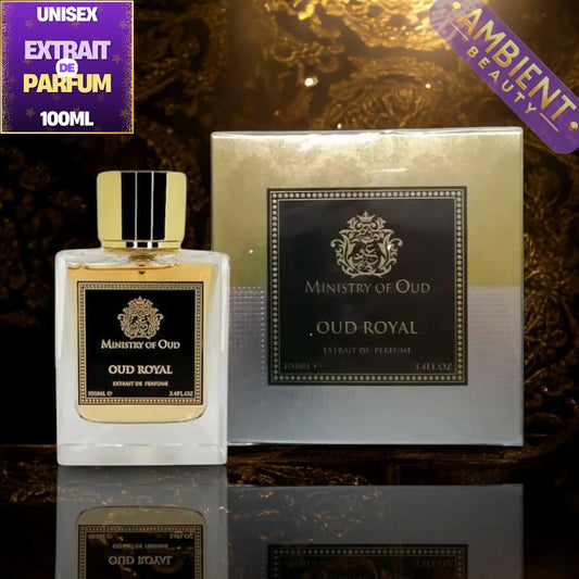 Ministry of Oud Oud Royal Extrait de Parfum 100ml bottle with a gold cap next to its metallic gold and silver packaging box, set against a dark ornate background with promotional text overlays.
