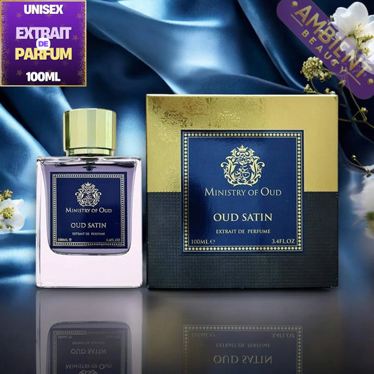 Oud Satin perfume bottle and packaging of Ministry of Oud Oud Satin on a blue satin background