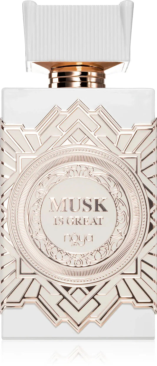 Perfume bottle with intricate design and 'Musk' text on a white background