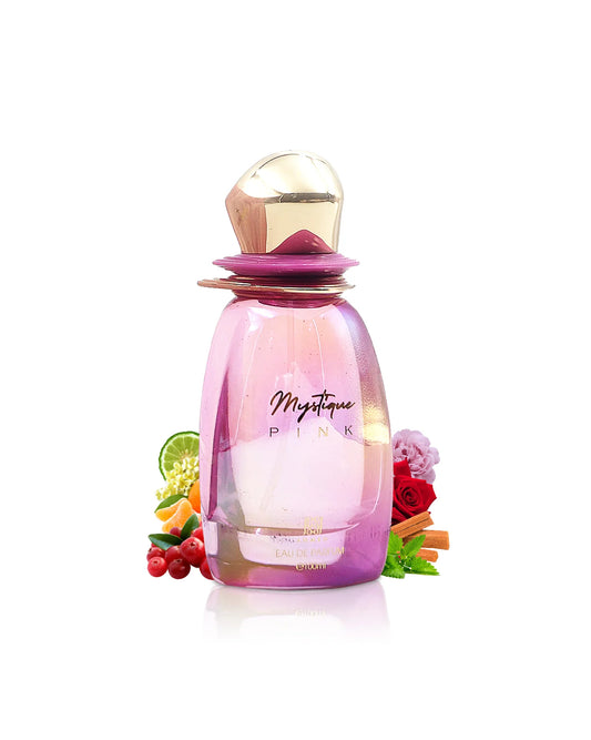 Ahmed Al Maghribi Mystique pink Perfume bottle labeled 'Mystique Pink' with fruit and flower elements on a white background