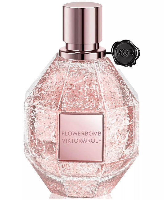 Viktor & Rolf Flowerbomb Forzen Flower perfume bottle with rose gold cap on a white background
