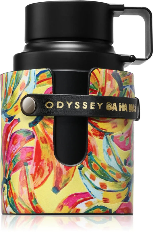 Colorful thermos with a tropical pattern and 'Odyssey' branding