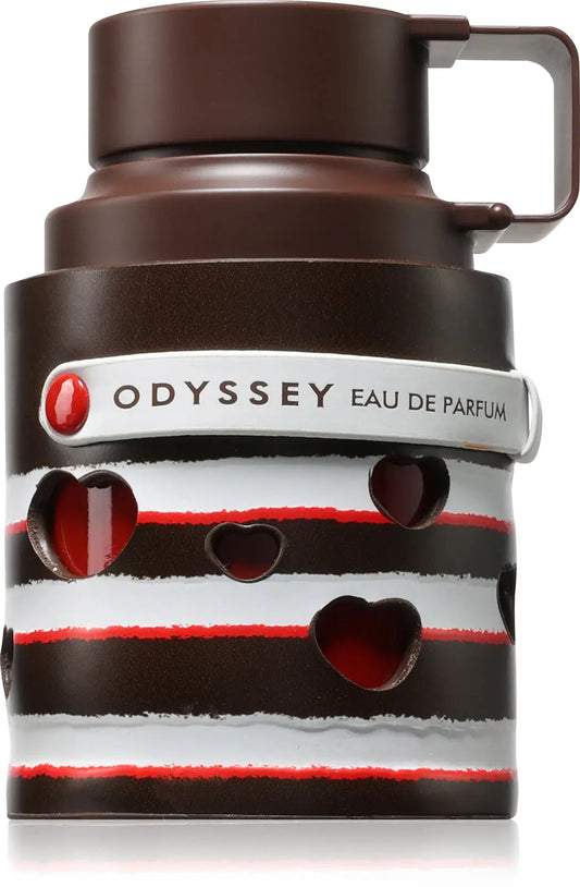 Odyssey perfume bottle with brown cap and striped design on a white background