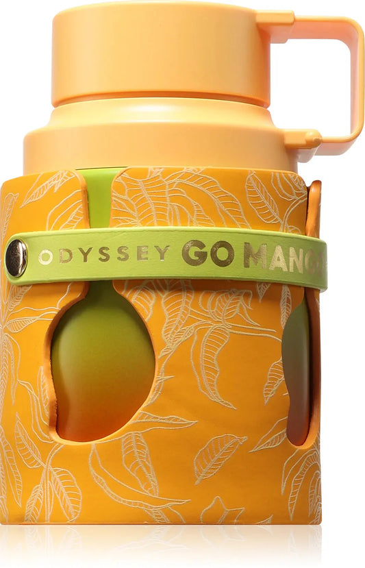 Yellow thermos with green band and leaf pattern on a white background