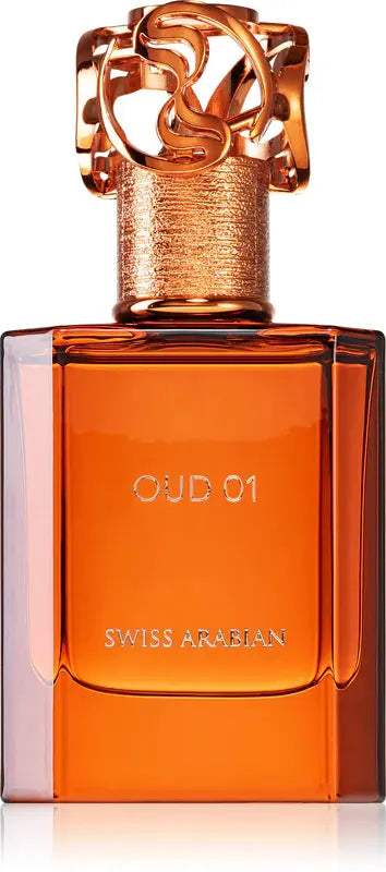 Swiss Arabian Oud 01 perfume bottle with gold cap on a white background