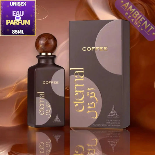Coffee-themed perfume bottle and packaging with 'Eternal' branding on a reflective surface.