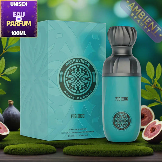 Perseviron Paris Corner Fig Hug perfume bottle and packaging with figs and leaves in the background