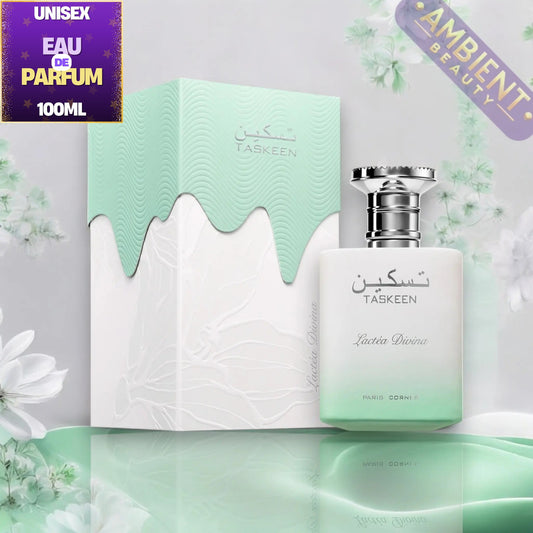 Taskeen Lacteaa Divina Eau de Parfum 100ml bottle with its matching box, displayed on a reflective surface with decorative floral elements and promotional badges.