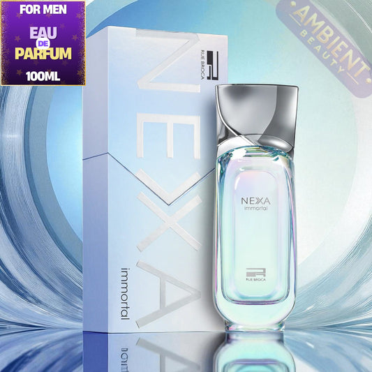 Rue Broca Nexa Immortal perfume bottle and packaging on a blue and white background