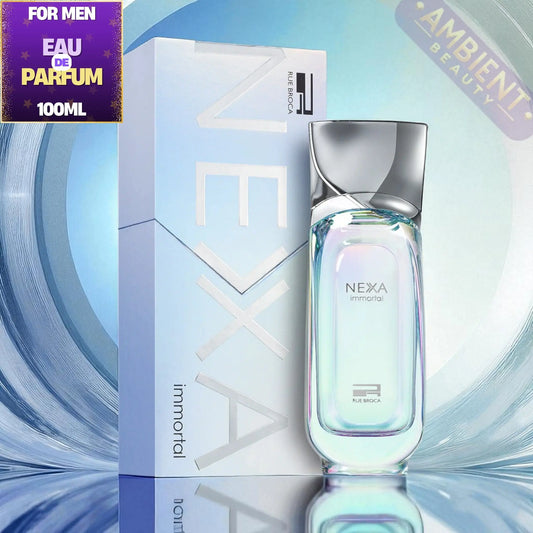 Rue Broca Nexa Immortal perfume bottle and packaging on a blue and white background
