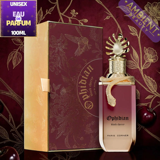 Ophidian Black Cherry perfume bottle and packaging on a decorative background