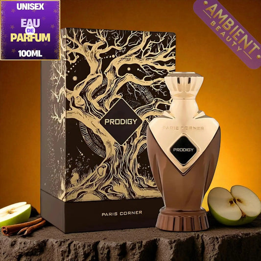 Paris Corner Prodigy perfume bottle and packaging on a dark surface with apples and cinnamon sticks.