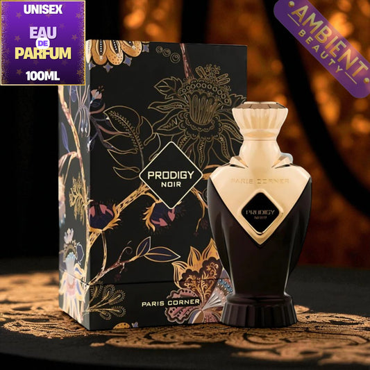 Perfume bottle and packaging with 'Prodigy Noir' branding on a dark background