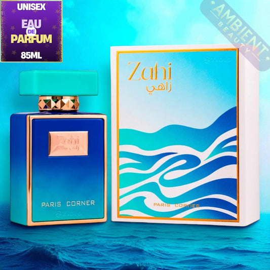 Paris Corner Zahi perfume bottle and packaging on a blue wave background